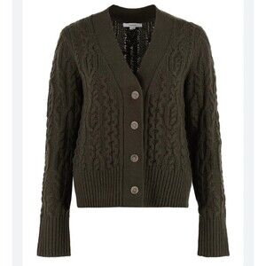 VINCE Cashmere Wool Interlocking Cable Cardigan Sweater In Black Leaf Sz L New